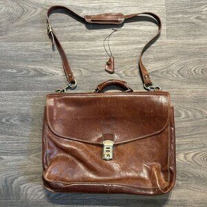 Cenzo Leather Brief Italian Briefcase Brown Laptop Messenger Bag Brass *READ